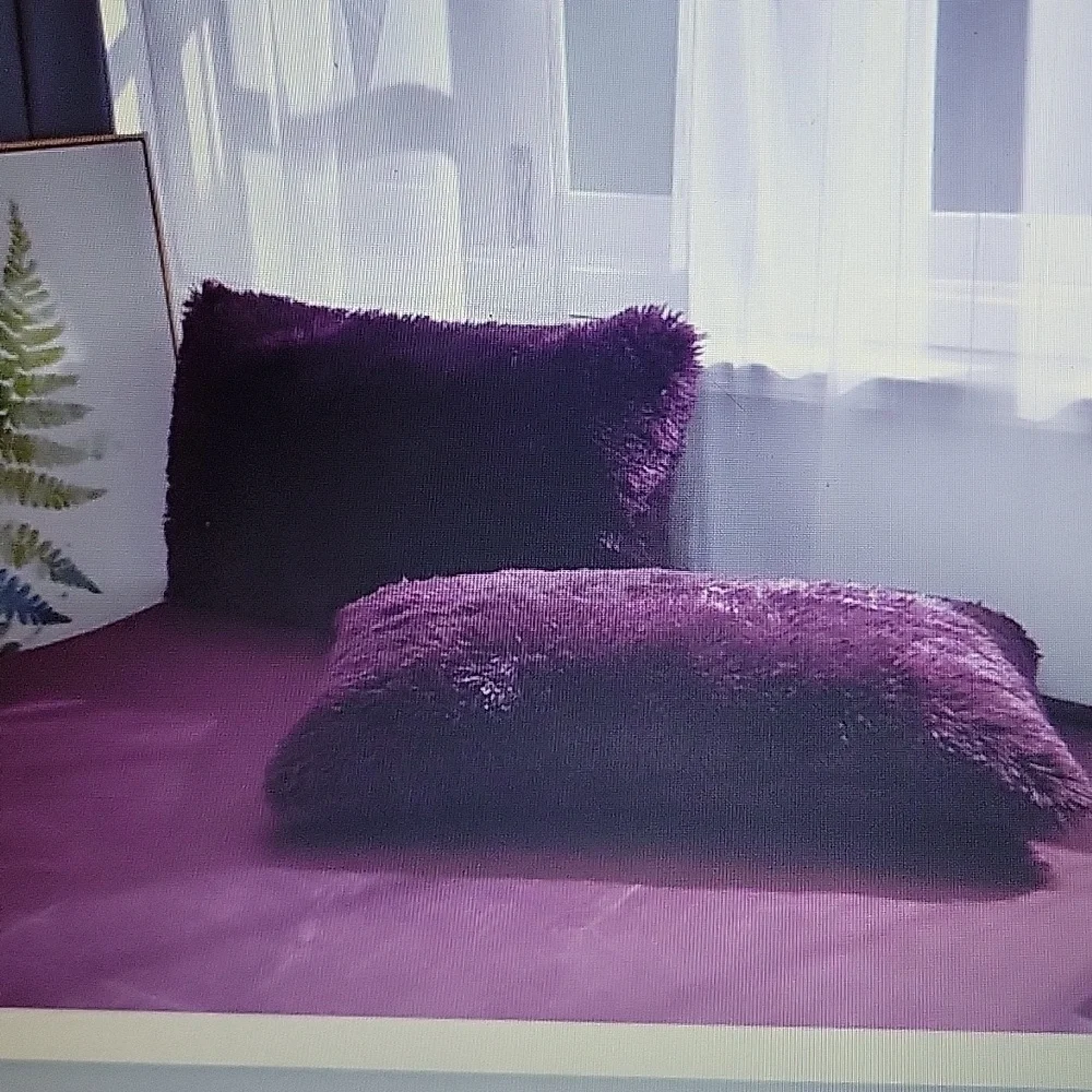 Soukach Shaggy Fluffy Faux Fur Luxury Queen 3pc Duvet Cover set Plum Purple New